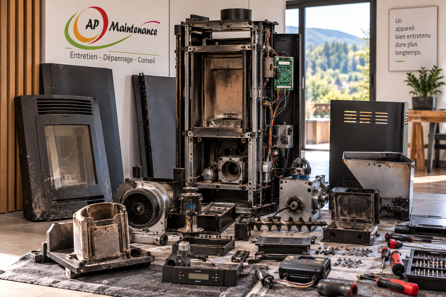 Poêle à granulés ancien entièrement démonté pour diagnostic et réparation par AP Maintenance