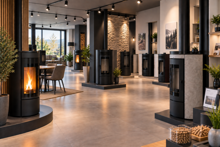 Showroom de poêles à granulés avec deux appareils en fonctionnement